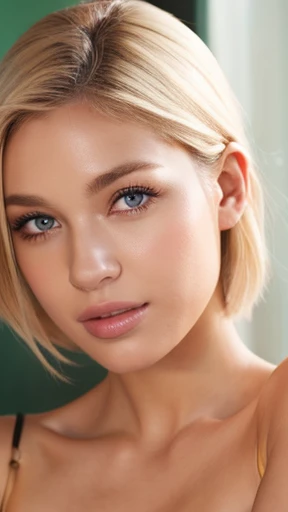 Beautiful female with nude lips looks to the viewer. Stunning blonde female. Beautiful female with a healthy clean skin. Symmetric face, symmetric eyes. Sensual female with bright makeup of eyes.