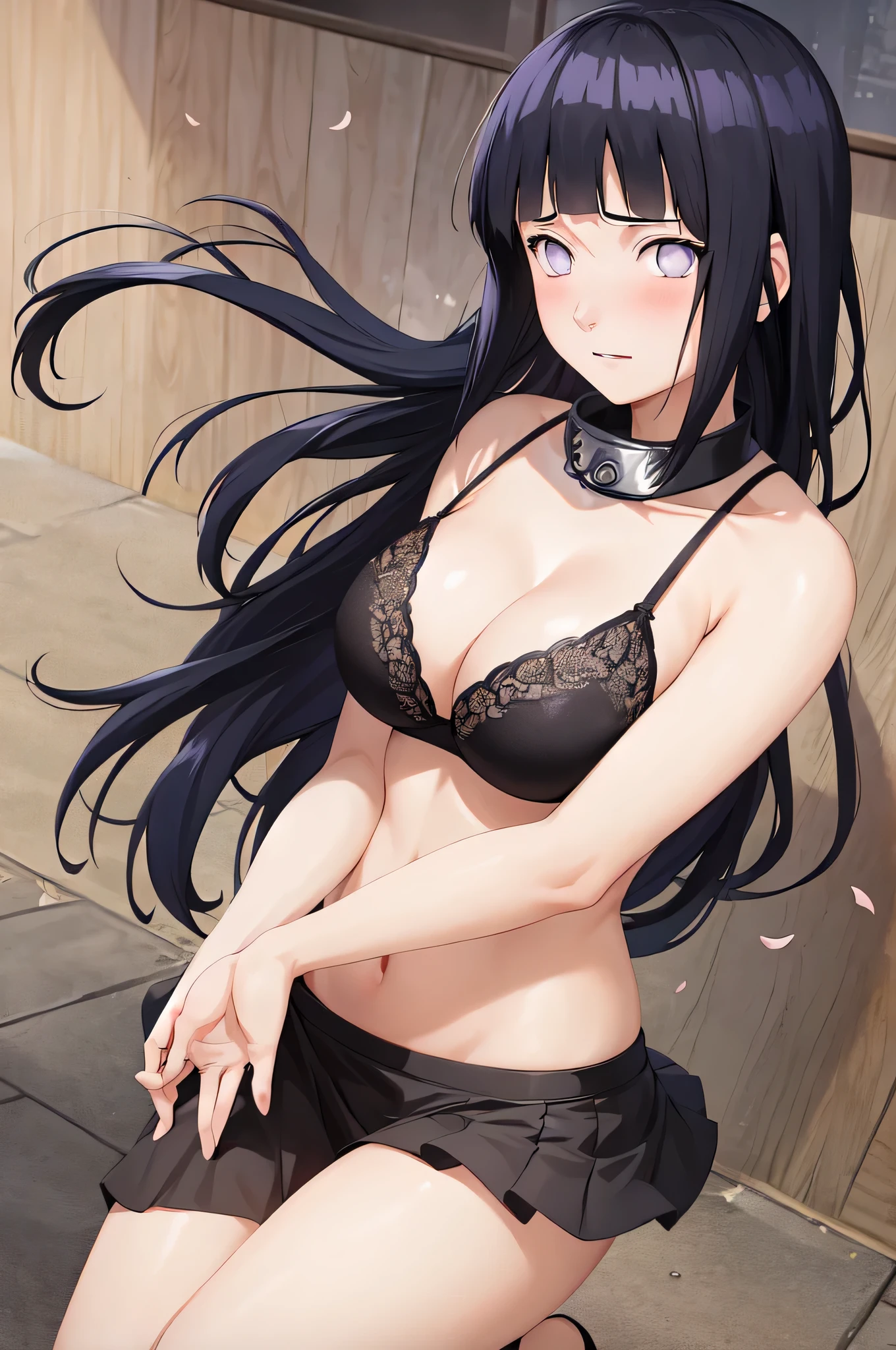 masterpiece, absurdres, 1girl, hinata\(shippuden\), solo, headband around neck, looking at viewer,  floating hair,  wind,  falling petals, fancy black bra and black skirt, blush, big breasts,  full body view, looking at viewer, staying, inside of konoha, HinataHyuga hair, cute, shy