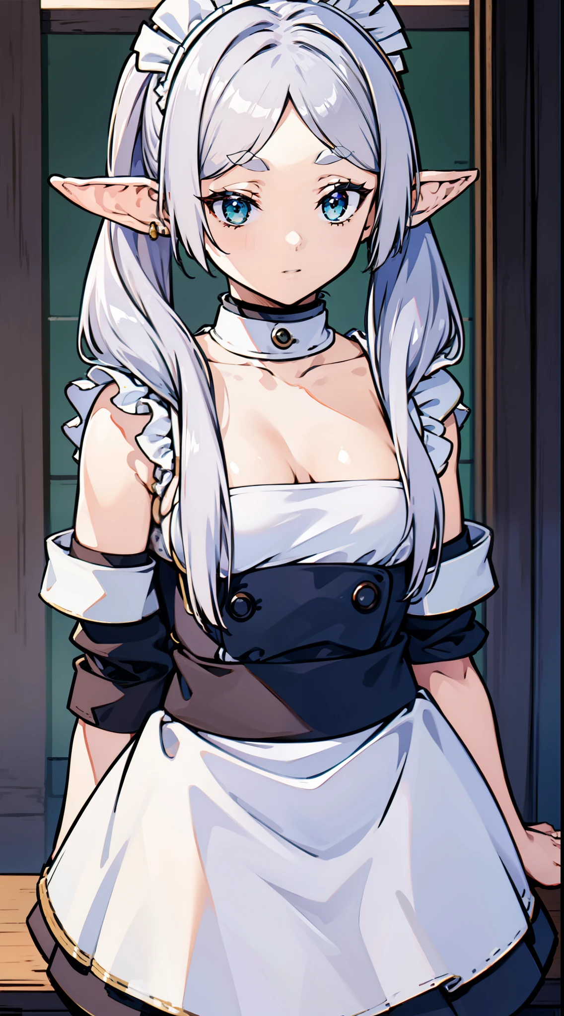 (Best quality, On a table),Sexy maid， teen girl，NSFW, 1 girl in, Green-eyed , ssmile, Hourglass figure, grey long hair，the maid outfit，dual horsetail, elvish ears、inside a room、small tit、Black background has the best quality, tmasterpiece, 1 slim girl, (Alone:1.1), ray traycing, ultra - detailed,Detailed faces, 8k wallpaper, Wide hips, Takashi Furi NDV, 1 slim girl, White hair, dual horsetail, eBlue eyes, mediuml breasts, Long gray hair, pointy ears, maids, Parted bangs, White shawl, White dress, obi strip, longer sleeves,  External, sitted, hooded, scarf, Yuki, Winters，Solemn maid outfit，lie，sitting down，A throne