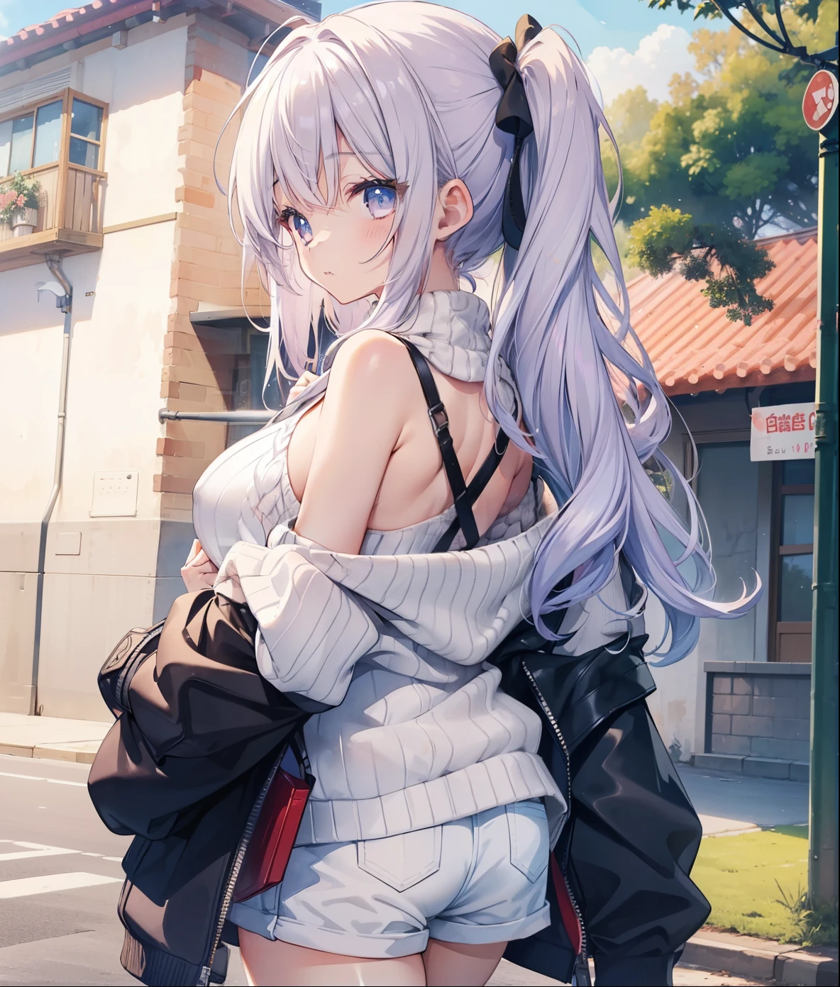 1 girl,(, short stature),animesque、Young and cute idol face、(Lorioppai)(Clothed big breasts , breasts,Mi Hot Pants)Double piece with hands raised (WatercolorPrivate Services, Shoulder Knitwear,Shoulders exposed、Back exposure) Huge breasts,