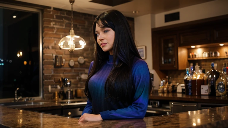 1 beautiful American girl, Alone, full body, discreet black dress, with captivating smile, ((Brown hair)), (black hair), (gradient hair :1.5), ((blue eyes)), hyper-detailed eyes, standing next to the counter of a cozy bar, in dim light, wide image with a large window in the background with a night view of New York City, Best quality, ultra-detailed, realistic image, 4k