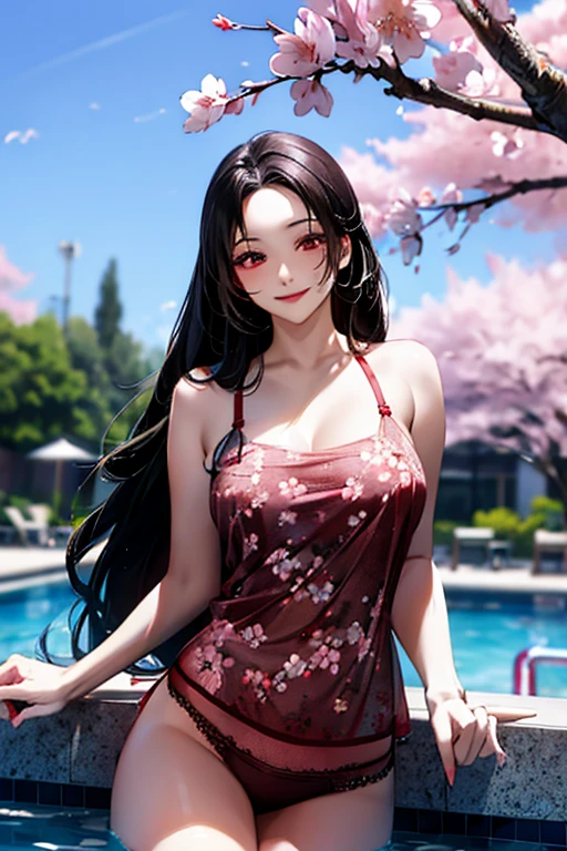 Black hair, long hair, red eyes, sexy, large breasts, beautiful body, masterpiece, smile, ((Cherry blossom print lingerie)), hotel swimming pool