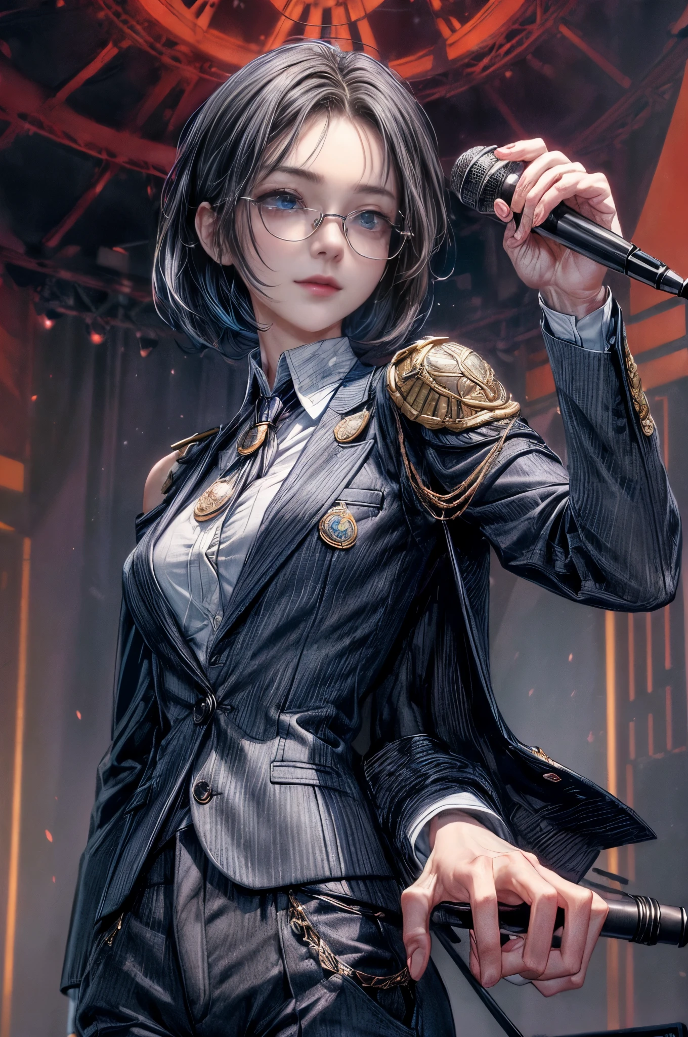 cinematic lighting、highest quality,Bright cyberpunk world、1 female、(25 year old beautiful woman、detailed beautiful facial 、short hair、shoulder length hair、blue eyes:1.4)(Glasses:1.3)(smile)break,medium hair、（Black hair color:1.6）
break
 (Perfect dark grey jacket blazer、Dark gray trousers:1.3), (white collar shirt👔:1.3)、(1 medal badge on chest or shoulder)break.（black hair color:1.5）(perfect ???????:1.5)
（stylish, modern architectural style、bright ceremony atmosphere、Multipurpose hall、A spacious room with large windows々としたstylishなモダンな会場、daytime:1.2）(Speaking on stage with a microphone in hand、very detailed and accurate hands:1.3)break（portrait angle、looking away）
