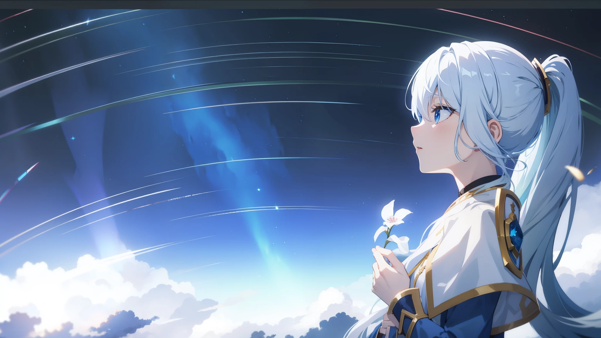anime girl with long white hair and blue eyes looking at the sky, ethereal anime, screenshot from the anime film, today's featured anime still, white haired deity, anime background, epic 8 k hd anime shot, still from anime, atmospheric anime, beautiful anime scene, ayaka genshin impact, star(sky) starry_sky, anime beautiful peace scene