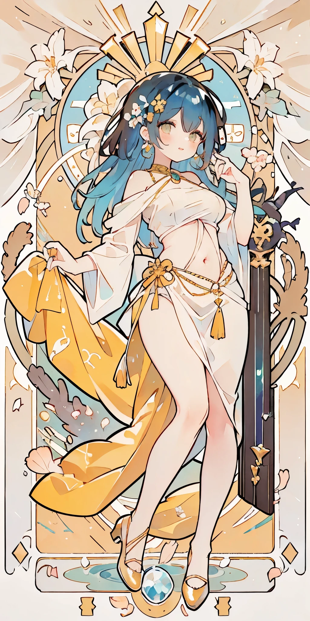 (((Mr.々colored hair))), Mr.々hairstyle, dancer, absurdres, highres, ultra detailed, beautiful, masterpiece, best quality, (1girl:1.2), Medieval, ((tarot)), bard, dancer, bare bare shoulders, cane, sword, shield, crystal, Gather Dresses, coat four, ((Lightweight clothes, Backless cloths, hair chain, earrings, sunscreen, pumps, heel shoes, waist jewelry, belly chain, body accessories)), symbolism, Visual art, occult, universal, vision casting, philosophy, iconography, numerology, Popularity, art, Alphonse Mucha, perfect hands, perfect feet, (fullbody), myth, goddess, fold your hands in front of your chest, ((ultra-detailed face), (cute eyes), ((thicc)), Hair color gradient, accurate focus, (upturned eyes :1.5), long hair, yellow eyes, Beautiful Girls in Anime , ((purse your lips, Throw kiss, flirty smile)), (shiny body:1.8)、big breasts、full of embarrassment、(Ahegao:1.5)