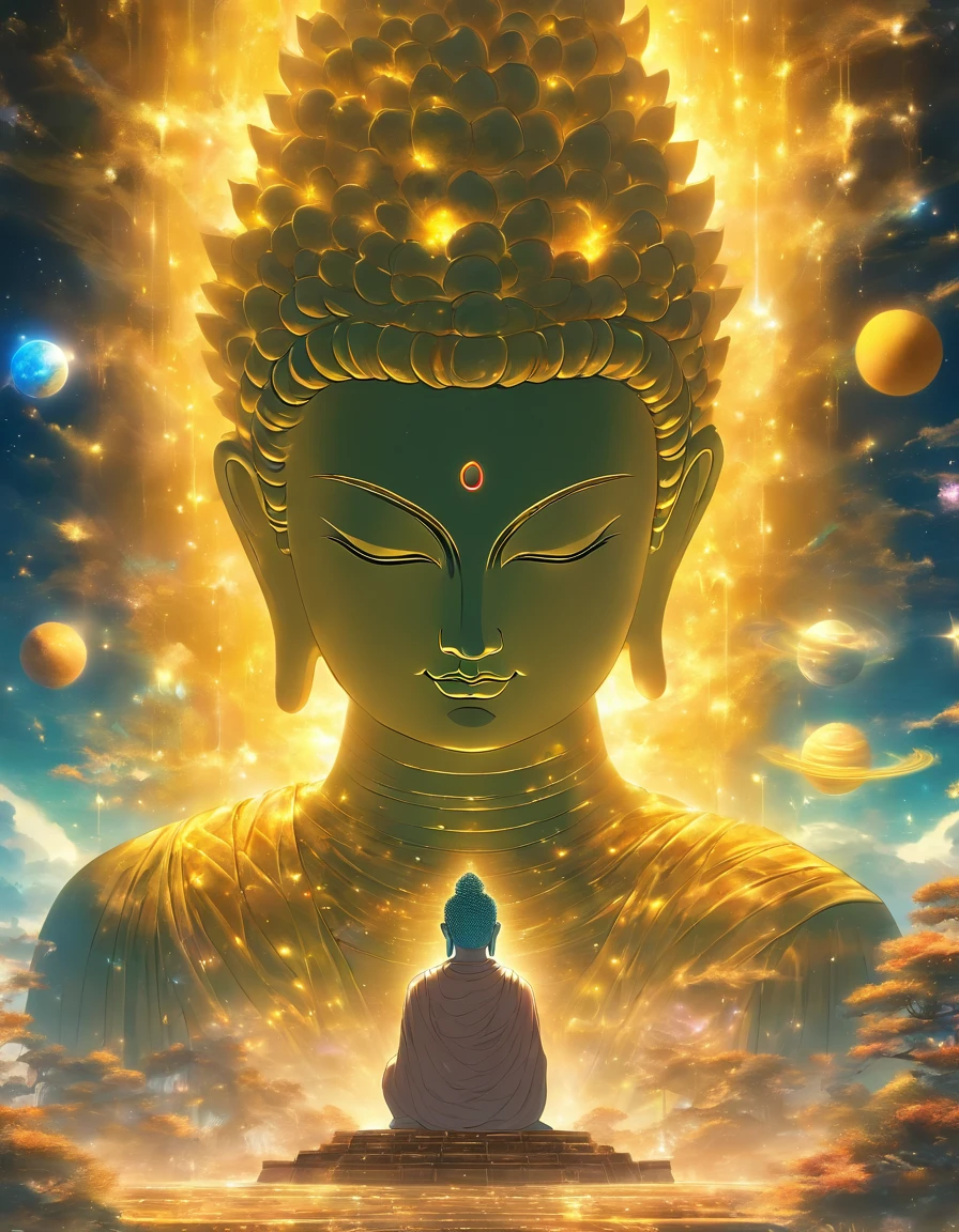 The huge transparent Buddha head is、Looking at the yellow planet in the soil of space,glow effect,oc rendering