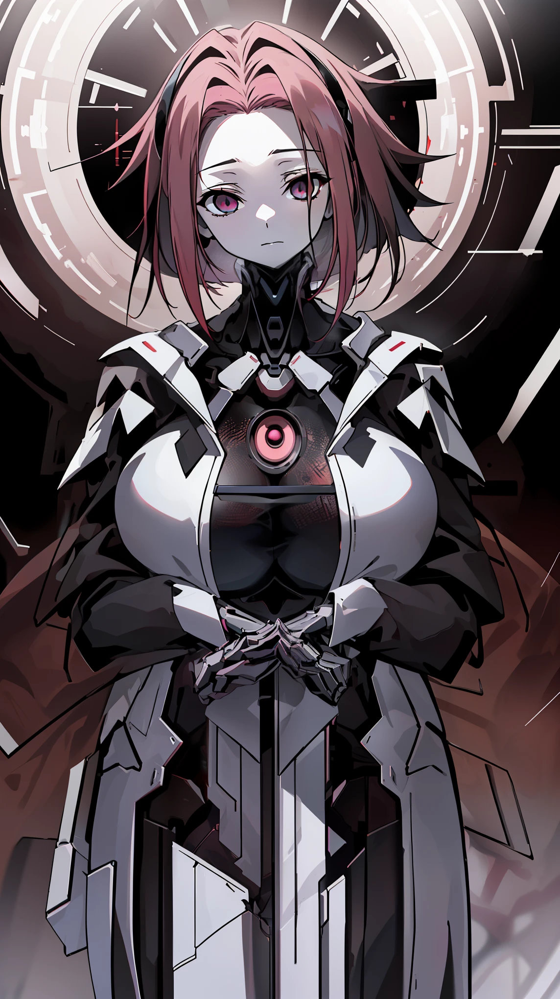 1 girl,NSFW,Futubot, Karen Stadfeld, pink hair, spiky hair, hair intake, red headband, cleavage,((huge breasts 1.5)), clavicle, Shining crimson eyes,absurd, brainwashing,empty eyes, mind control device, ((No expression,erasure of emotions)), (black latex tight bodysuit), look away , full body figure,((stand up)), (highest quality、4k、8K、High resolution、must have:1.2)、Super detailed、(reality、that&#39;s reality的な、reality的な:1.37)、ticker、hyper hd、studio lighting、ultra definition paint、sharp focus、Physically based rendering、extreme details、Professional specifications、vibrancy and color、blurry、sports portrait、landscape、horror style、anime big breasts、SF、photograph、concept artist、five fingers, perfect body,  {{{masterpiece}}}, {{{highest quality}}}, {{Super detailed}}, {shape}, {{very delicate and beautiful}},Improved cost performance、all roles、Canon 5D MK4でphotograph、photograph,  