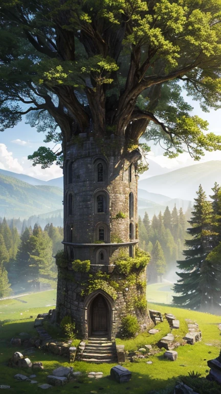 A medieval tower made of mossy stones stands on the edge of the forest, surrounded by centuries-old spreading oaks and spruce trees.; high quality textures, ultra-realistic environment, many small details, Intricate details, daylight, early morning, Slanting sun rays through foliage 