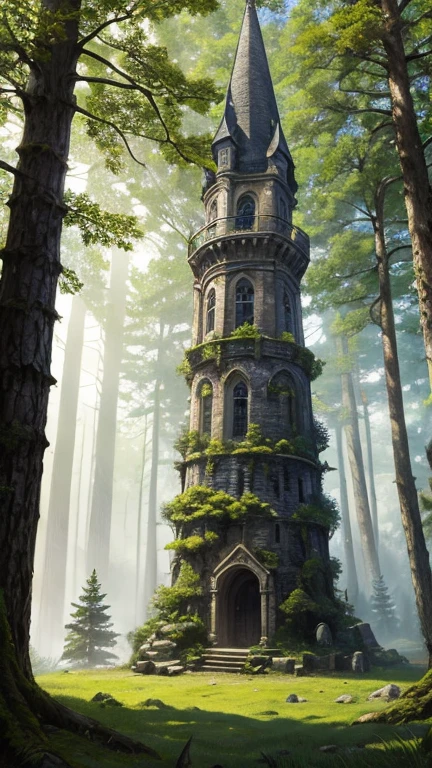 A medieval tower made of mossy stones stands on the edge of the forest, surrounded by centuries-old spreading oaks and spruce trees.; high quality textures, ultra-realistic environment, many small details, Intricate details, daylight, early morning, Slanting sun rays through foliage 
