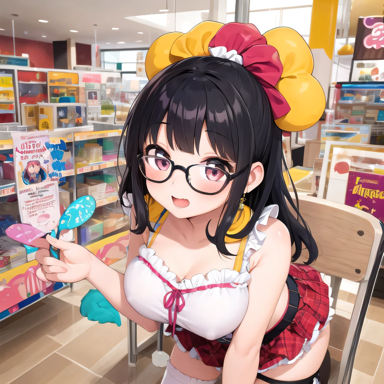 highest quality, Super detailed, figure,
1 girl,alone, black hair, medium hair, Glasses, 
Idol style, cute clothes, bright colors, playful pattern, ruffle skirt, knee high socks, cute accessories, like々Nice design,
molly fantasy, scenery, shop, poster (object), Chair, indoors, show your breasts
 