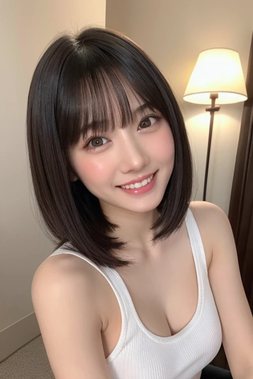 laughter、highest quality, one girl, (beautiful girl:1.3), (18-year-old:1.2), very detailed definition, (symmetrical eyes:1.3), (Oversized white tank top:1.3), beautiful breasts, brown eyes, parted bangs, brown hair、(Nipples are noticeable)、smile、white teeth、stripping room、((shortcut、layer cut、shaggy、Hair on the cheeks))、high angle、dye your cheeks red、blush、embarrassed