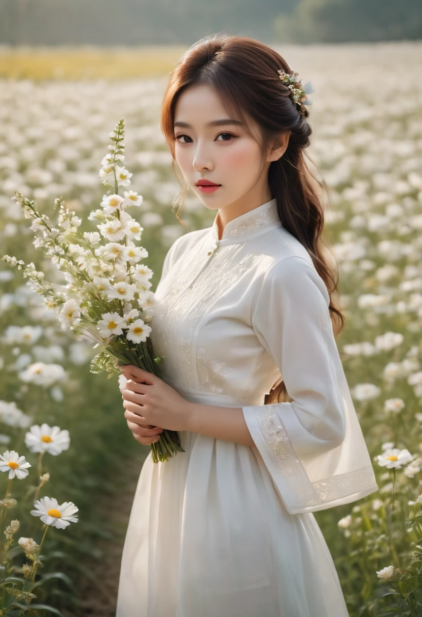 a beautiful girl in white aodai , masterpiece, best quality, realistic:1.3,in a field of flowers, holding bundle of flowers, sunlight, backlighting, emotional depth, flowers, flower fields, bloom, ultra detailed, film grain,hazy light and shadow, aestheticism, melancholic film