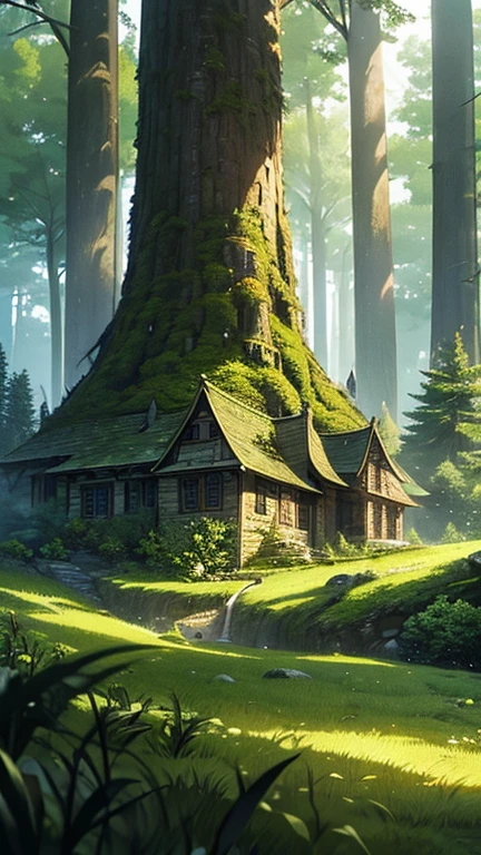 A medieval tower made of mossy stones stands on the edge of the forest, surrounded by centuries-old spreading oaks and spruce trees.; high quality textures, ultra-realistic environment, many small details, Intricate details, daylight, early morning, Slanting sun rays through foliage 