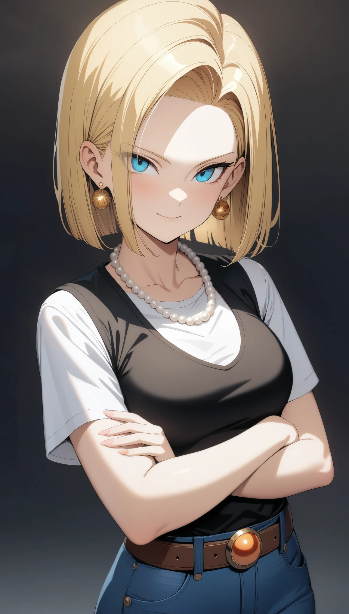 (masterpiece, best quality, very aesthetic, ultra detailed), intricate details,
1girl, android 18, dragon ball, blonde hair, blue eyes, black vest, cropped vest, belt buckle, crossed arm, earrings, jewelry, pearl necklace, short hair, white shirt, short sleeves, shirt tucked in, denim, jeans, light smile, looking at viewer,