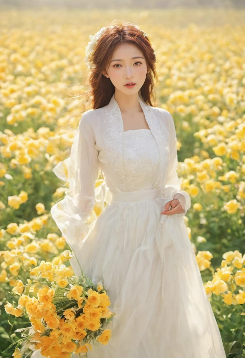 a beautiful girl in white aodai , masterpiece, best quality, realistic:1.3,in a field of flowers, holding bundle of flowers, sunlight, backlighting, emotional depth, flowers, flower fields, bloom, ultra detailed, film grain,hazy light and shadow, aestheticism, melancholic film