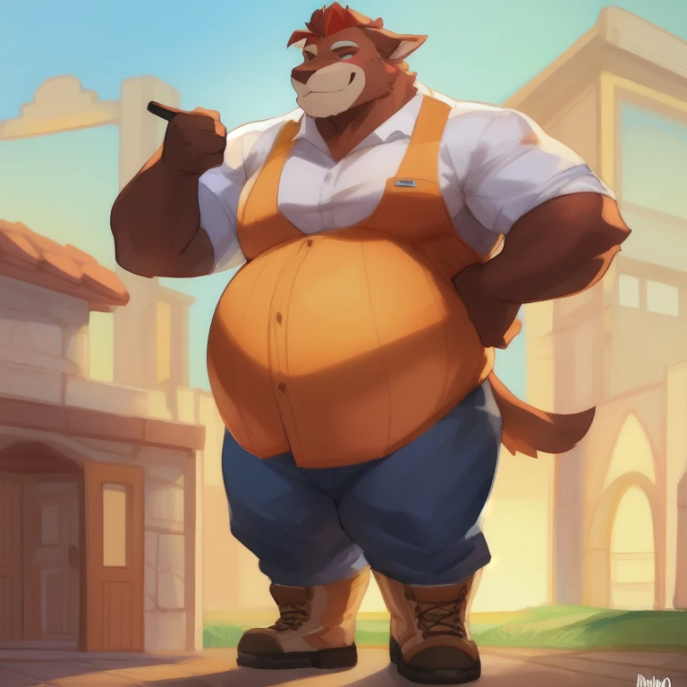 Epic Dungeons and Dragons Zootopia style, All Citizen obese Zootopia village, Dungeons and Dragons Zootopia obese quest style, wearing ragged and poor clothes, He returns from his adventure with a huge, obese muscle body as a reward for his adventure walking through the town proud of his size, Anime serie, Chubby, fat, male middle aged, anthro lion, thin beard, flirting , big chest, dynamic light, tall, opened Shirt, thick shirt ,Gray hair and beard, extremely hot and sexy, Daddy figure, hot daddy, boss, by darkgem, by zixiong, by glitter trap boy