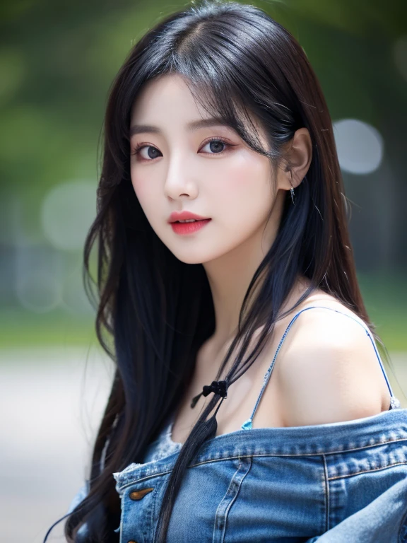 Korean female singer,26 years old,long black hair,black spaghetti straps,blue jeans,Lace coat,Korean makeup