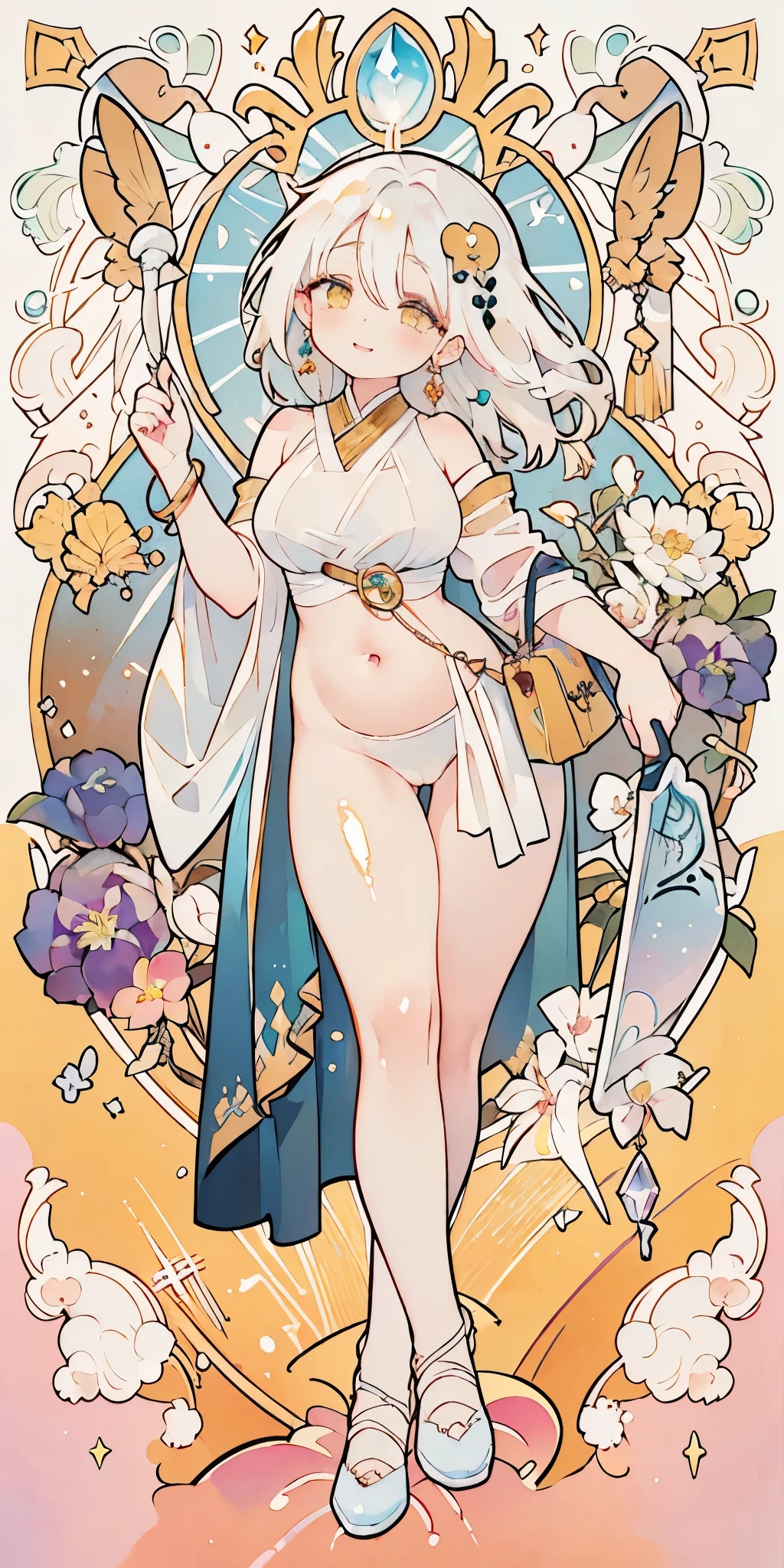 white hair, knight, absurdres, highres, ultra detailed, beautiful, masterpiece, best quality, (1girl:1.2), Medieval, ((tarot)), bard, dancer, bare shoulders, cane, sword, shield, crystal, Gather Dresses, coat four, ((Lightweight clothes, sunscreen, comfortable shoes, waist jewelry, belly chain, body accessories, headscarf)), symbolism, Visual art, occult, universal, vision casting, philosophy, iconography, numerology, Popularity, art, Alphonse Mucha, perfect hands, perfect feet, (fullbody), myth, goddess, fold your hands in front of your chest, ((ultra-detailed face), (cute eyes), ((thicc)), Hair color gradient, accurate focus, (upturned eyes :1.5), long hair, yellow eyes, Beautiful Girls in Anime , ((purse your lips, Throw kiss, flirty smile)), (shiny body:1.8)、big breasts、full of embarrassment、(Ahegao:1.5)