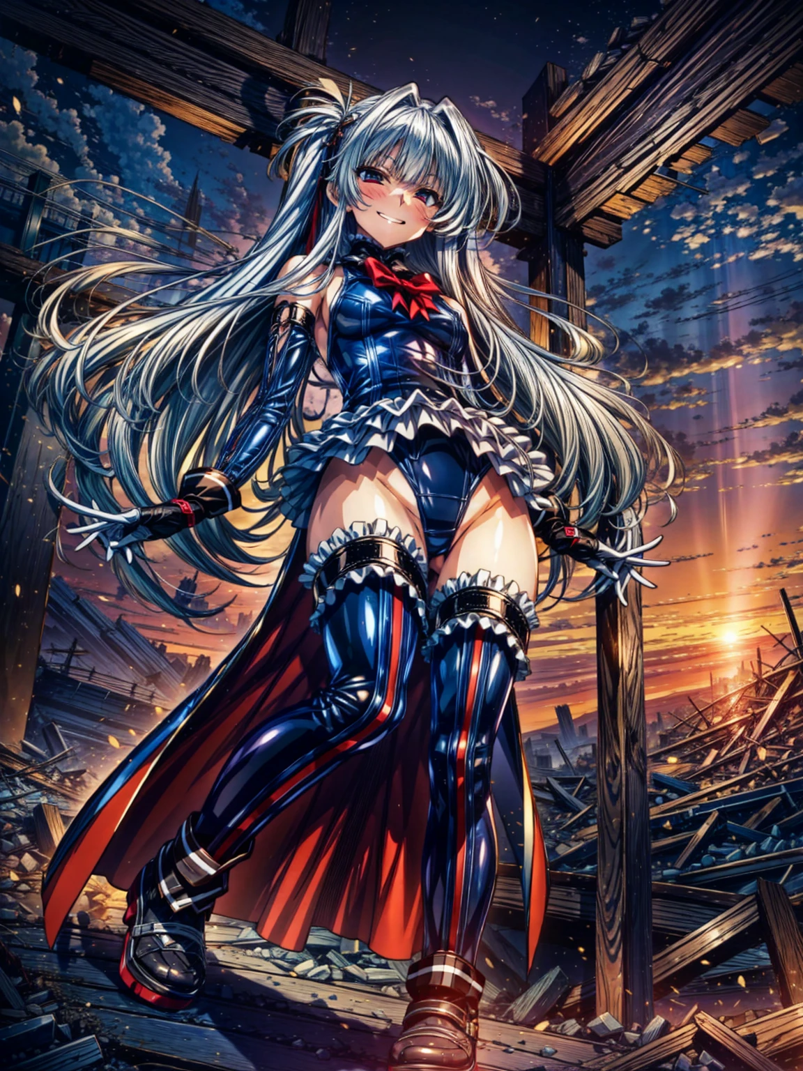 perfect anatomy, highest quality, marierose,evil smile,provocative attitude
,(Girls greet dawn on top of a pile of rubble:1.1),evil smile,anime style,(ruffle swimsuit, Thighhighs, removed sleeve), (anime style:1.4) ,
silver hair,(white fingers:1.1,black gloves),very long hair,evil aura,(from below),