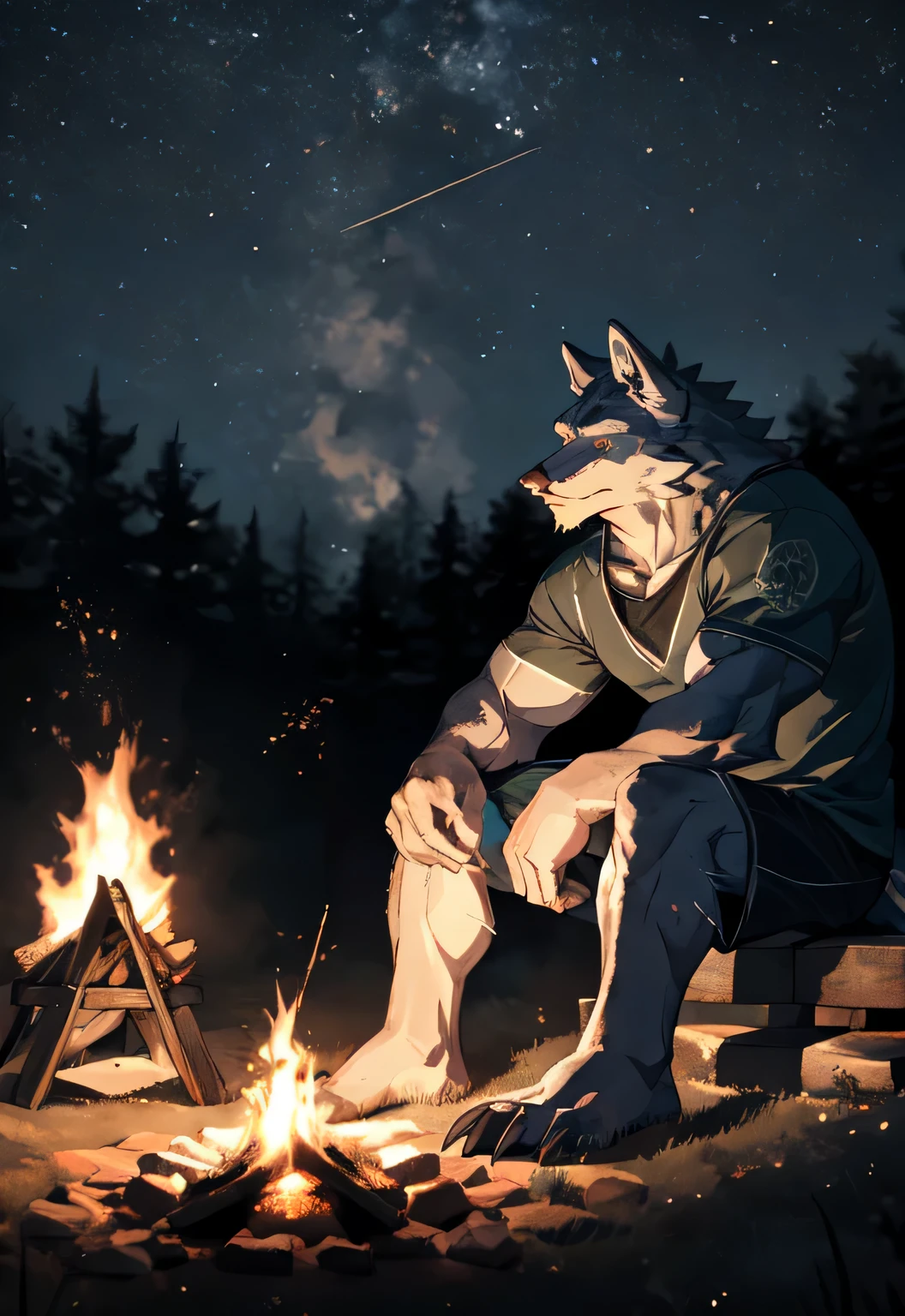 ((by Bebebebebe, by Zackary911, by Meesh, best quality, masterpiece, perfect anatomy, detailed picture)), 1male, Wolf, skinny chub, young, dark brown furs, black eyes, tail, blue sleeveless zipper collar windbreaker, underwear, in the mountain, sitting on a wooden log, bonfire, near tent in the background