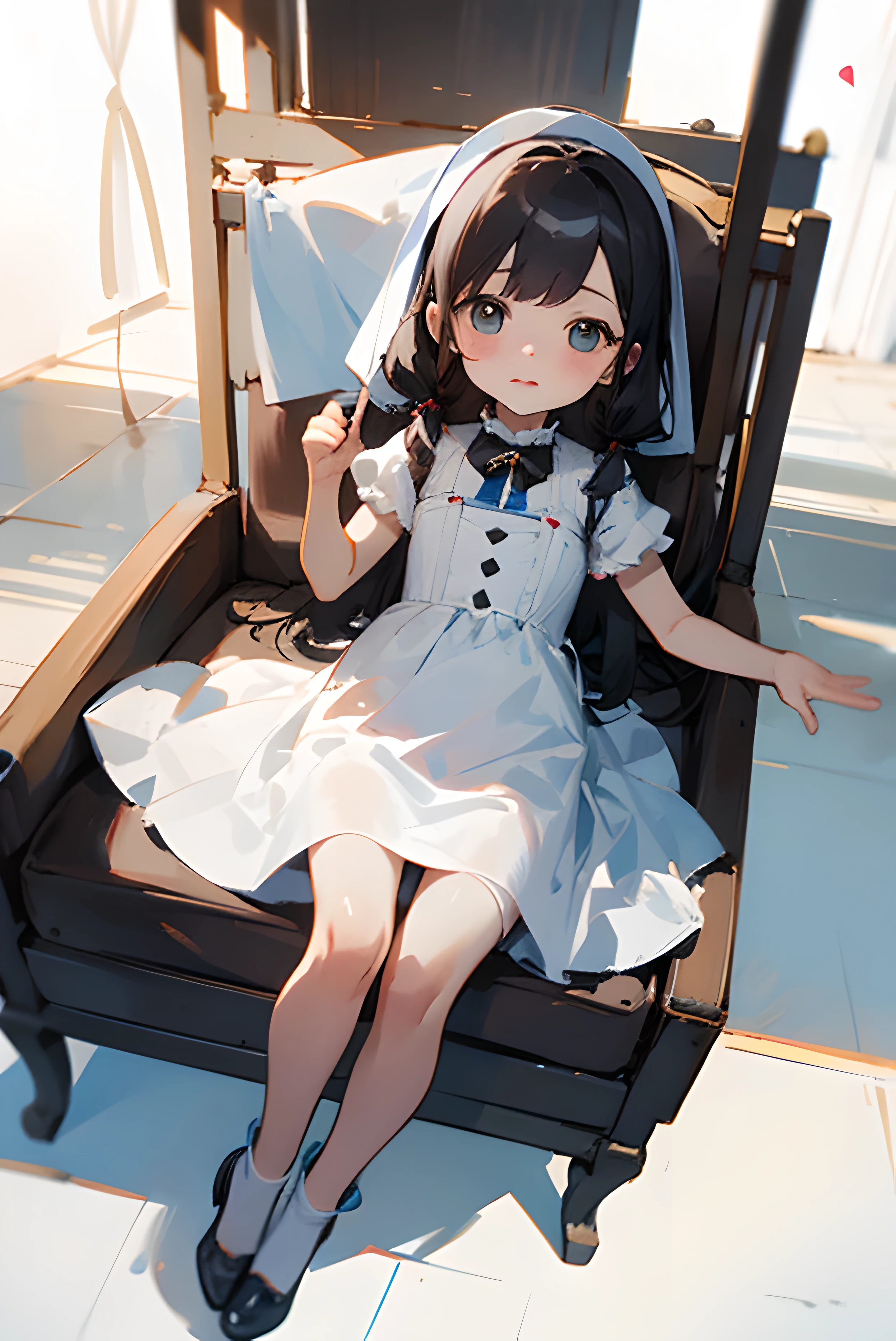 A little girl is wearing white stockings, a dress and no shoes.