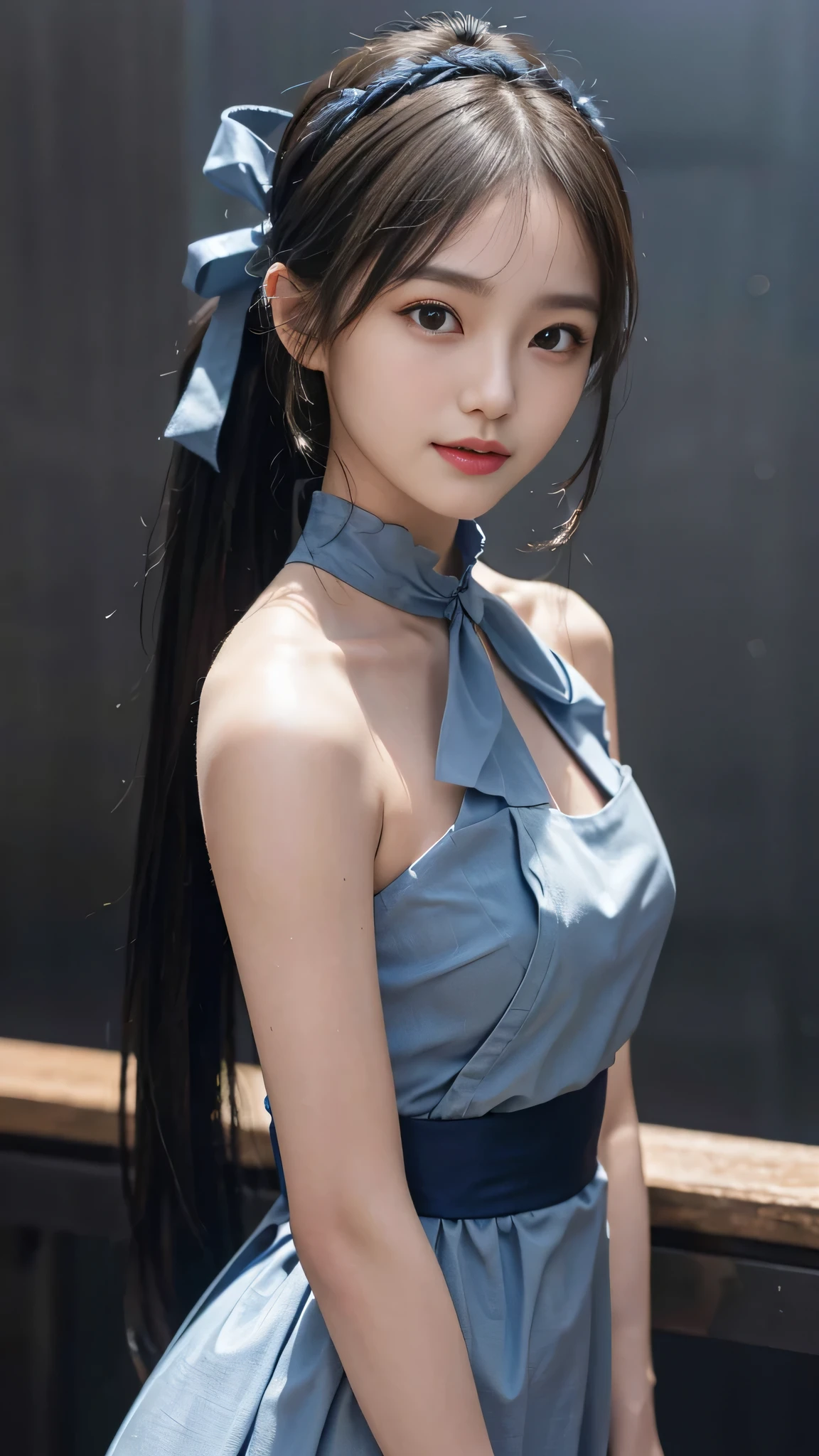 close up face,standing on stage,Blue colored long dress with lots of ruffles,One woman,masutepiece, The highest image quality, High quality, the background is clear,Beautiful woman, Japanese, Detailed, Detailed eyes, Detailed skin, Beautiful skin, 超hight resolution, (reality: 1.4),Very beautiful woman, Slightly younger face, Beautiful skin, slender, (Ultra photo realsisim), (hight resolution), (8K), (Very detailed) (beautifully detailed eyes), (super detailed), (Detailed face), view the viewer, Fine details, Detailed face, Staring straight ahead, Staring straight ahead, photos realistic, Bright lighting, Professional Lighting, Black hair,poneyTail,a ,fifteen ye is ponytail,long ponytail hairstyle,slight smile,neat and tidy clothing,Beautiful Japanese KPOP idol photo, hair style is ponytail, my eyes are double and wide, baby face, smile and look ahead, slender, small breasts,Blue ribbon on head,