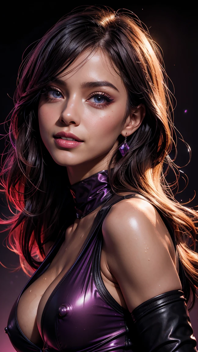 vector image, vibrant colours, smooth gradation, best quality, masterpiece, absurdres, ((isolated)), (dark black background), (detailed face and eyes:1.2), sweet smile, detailed beautiful eyes, eyelashes, wet glossy full lips, sensual, volumetric lights, medium shot, half body shot, busty, full cleavage, curvaceous, Unimaginably beautiful girl, enchanting, glistening skin, nipples popped out, purple violet magenta tinted back lights