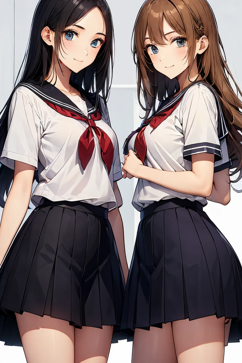 Two high school girls playing with each other、seductive smile、classroom