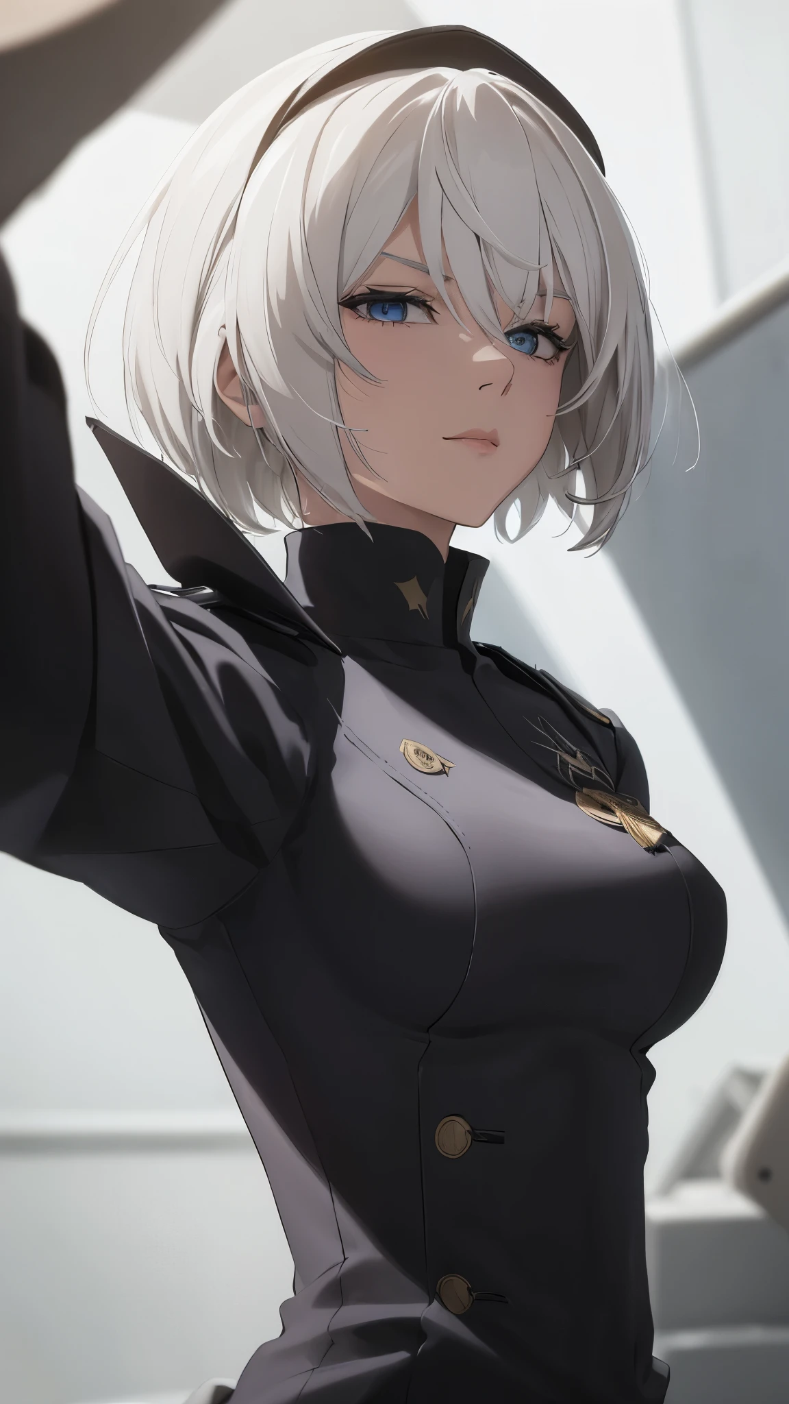 extremely detailed CG unity 8k wallpaper), (masterpiece), (best quality), (ultra-detailed), (best illustration), (best shadow), (absurdres) ,(detailed eyes), 2b, 1girl, short hair, white hair, solo, Intimidating women, admiral uniform, night, hero pose, white clothes, General Uniform, Military Uniform, Sunlight, exposed to sunlight,commander, fighting pose, wearing cape, selfie