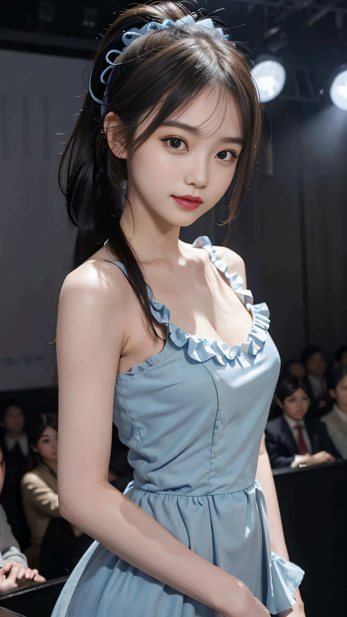 close up face,standing on stage,Blue colored long dress with lots of ruffles,One woman,masutepiece, The highest image quality, High quality, the background is clear,Beautiful woman, Japanese, Detailed, Detailed eyes, Detailed skin, Beautiful skin, 超hight resolution, (reality: 1.4),Very beautiful woman, Slightly younger face, Beautiful skin, slender, (Ultra photo realsisim), (hight resolution), (8K), (Very detailed) (beautifully detailed eyes), (super detailed), (Detailed face), view the viewer, Fine details, Detailed face, Staring straight ahead, Staring straight ahead, photos realistic, Bright lighting, Professional Lighting, Black hair,poneyTail,a ,fifteen ye is ponytail,long ponytail hairstyle,slight smile,neat and tidy clothing,Beautiful Japanese KPOP idol photo, hair style is ponytail, my eyes are double and wide, baby face, smile and look ahead, slender, small breasts,Blue ribbon on head,