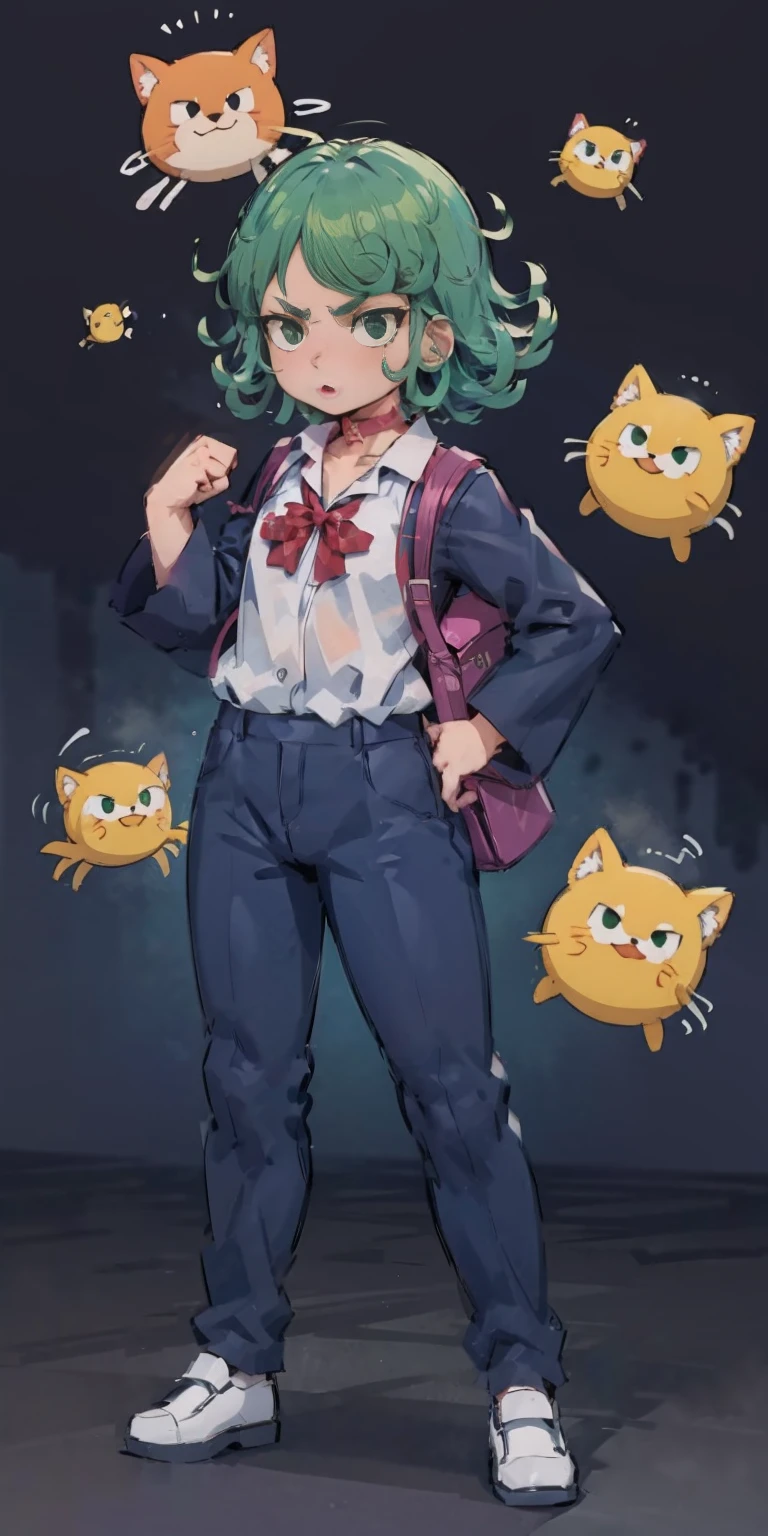 ((black background)) Tatsumaki kneel on WHITE sheet, short bob hair green hair, GREEN EYES, kindergarten_uniform,yellow hat,red school bag, leather choker collar slave , (hands on hips, clenching fist 👊 ✊️)