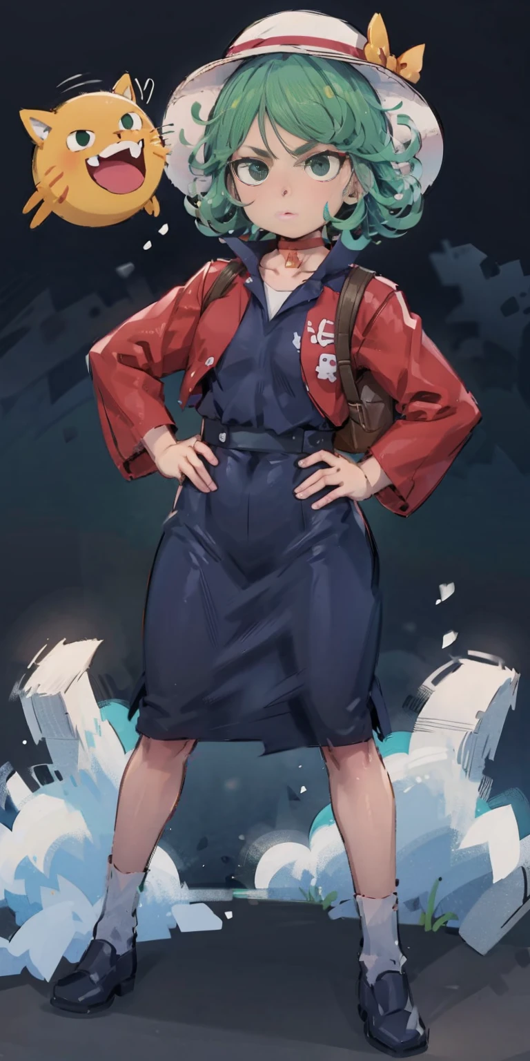 ((black background)) Tatsumaki kneel on WHITE sheet, short bob hair green hair, GREEN EYES, _uniform,yellow hat,red school bag, leather choker collar slave , (hands on hips, clenching fist 👊 ✊️)