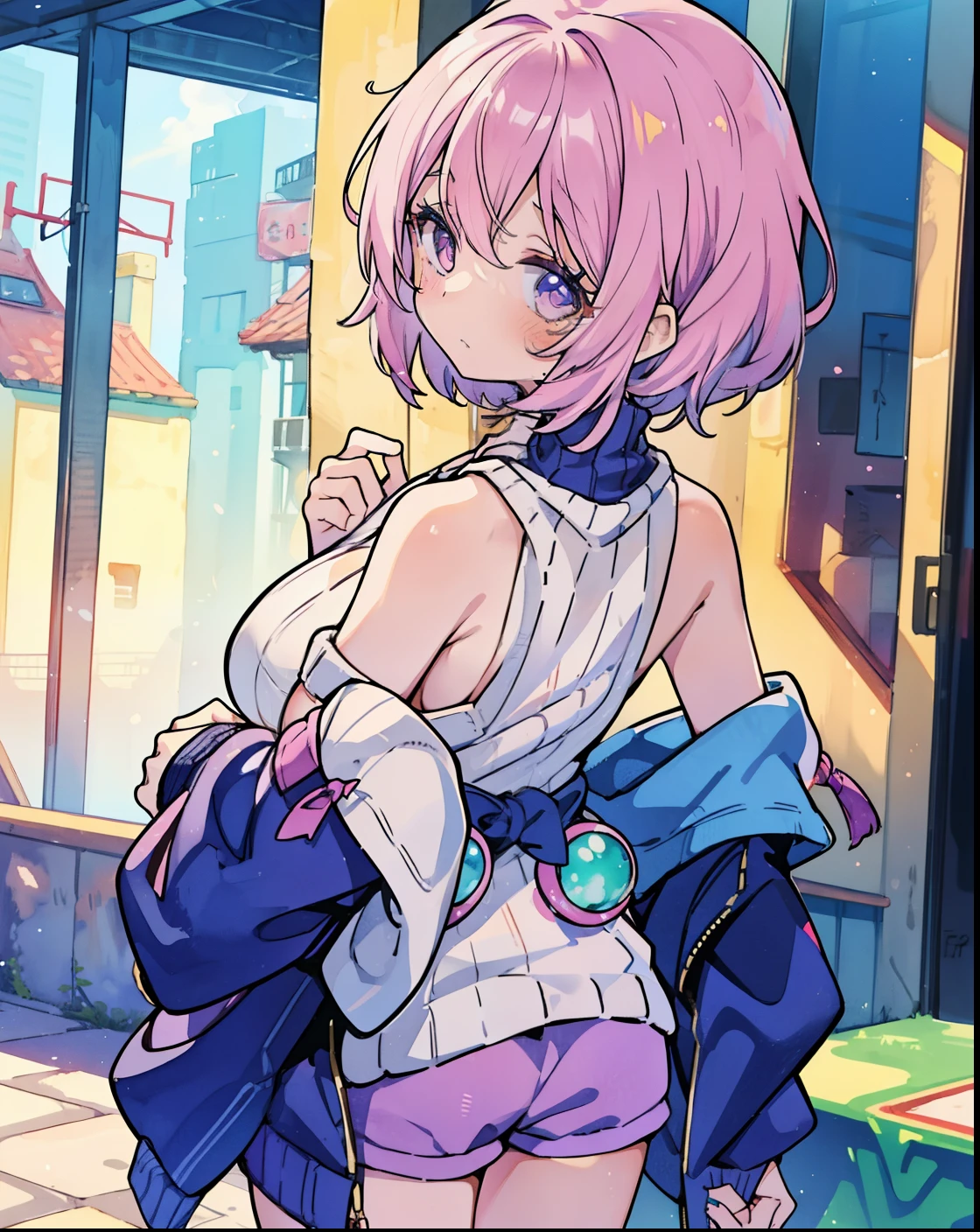 1 girl,(, short stature),animesque、Young and cute idol face、(Lorioppai)(Clothed big breasts ,  breasts,Mi Hot Pants）Double piece with hands raised (WatercolorPrivate Services, Shoulder Knitwear,Shoulders exposed、Back exposure） Huge breasts,