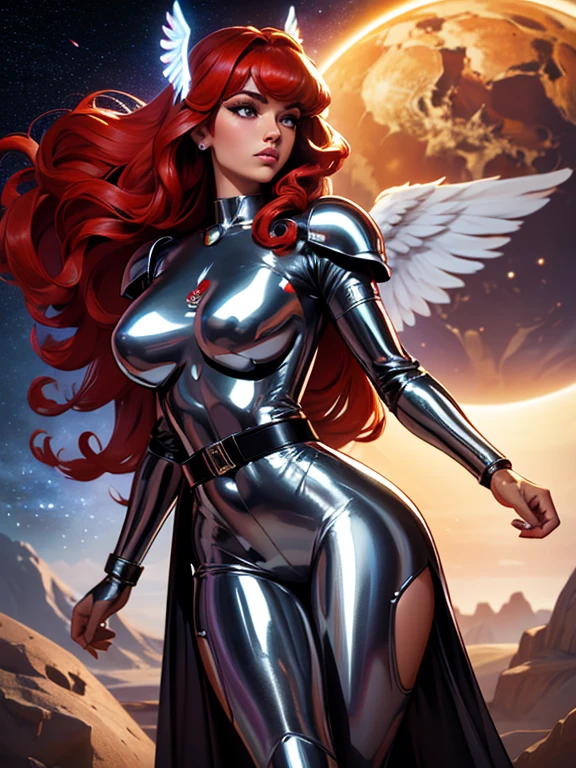 Best quality, 8K, woman space retro futurism, beautiful and detailed face, red curly long hair, bangs,big eyelashes,big angel wings,LOOKING TO observer, shiny silver armour over TAN bodystocking, black belt,sci-fi RETRO SPACESHIP scenario