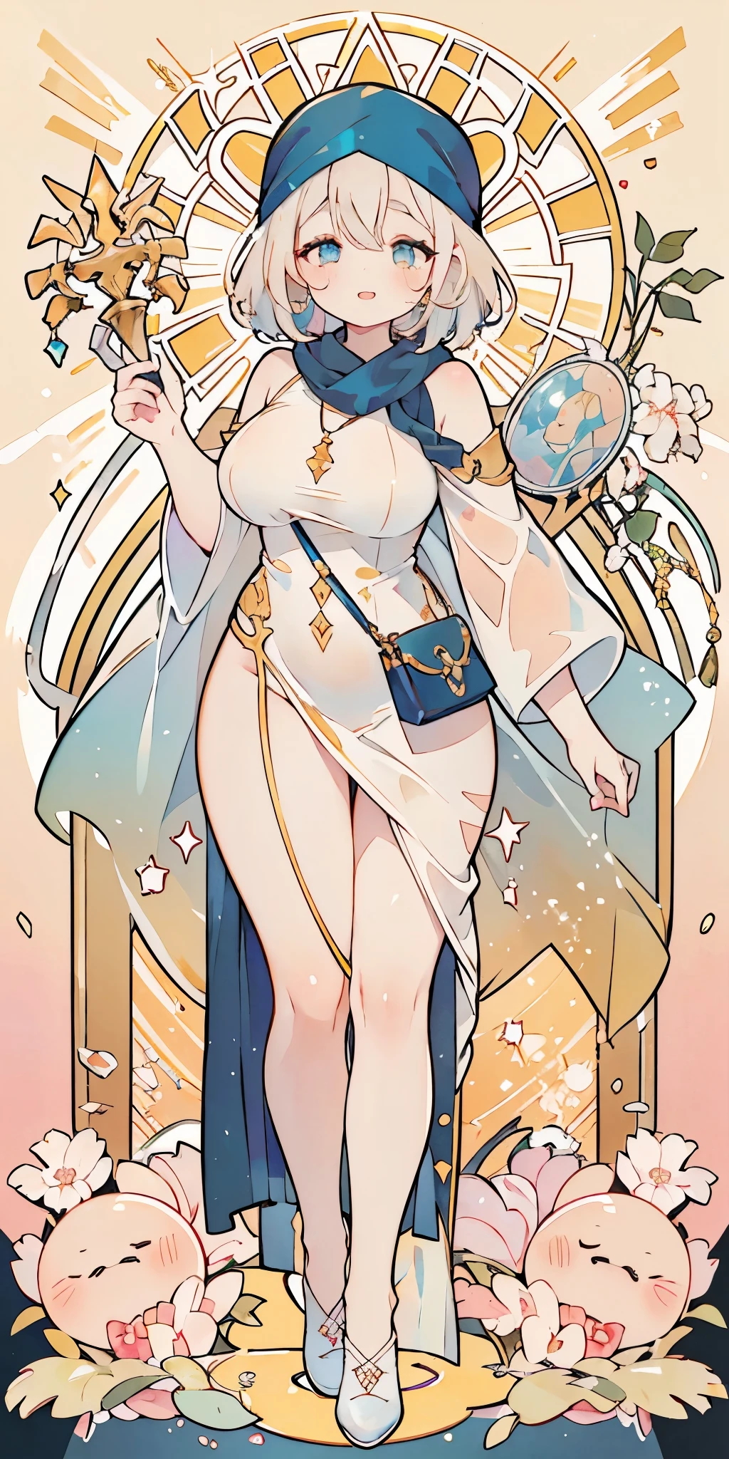 nsfw, absurdres, highres, ultra detailed, beautiful, masterpiece, best quality, (1girl:1.2), Medieval, ((tarot)), bard, dancer, bare shoulders, cane, sword, shield, crystal, Gather Dresses, coat four, ((Lightweight clothes, sunscreen, comfortable shoes, headscarf)), symbolism, Visual art, occult, universal, vision casting, philosophy, iconography, numerology, Popularity, art, Alphonse Mucha, perfect hands, perfect feet, (fullbody), myth, goddess, fold your hands in front of your chest, ((ultra-detailed face), (cute eyes), ((thicc)), Hair color gradient, accurate focus, (upturned eyes :1.5), long hair, yellow eyes, Beautiful Girls in Anime , ((purse your lips, Throw kiss, flirty smile)), (shiny body:1.8)、big breasts、full of embarrassment、(Ahegao:1.5)