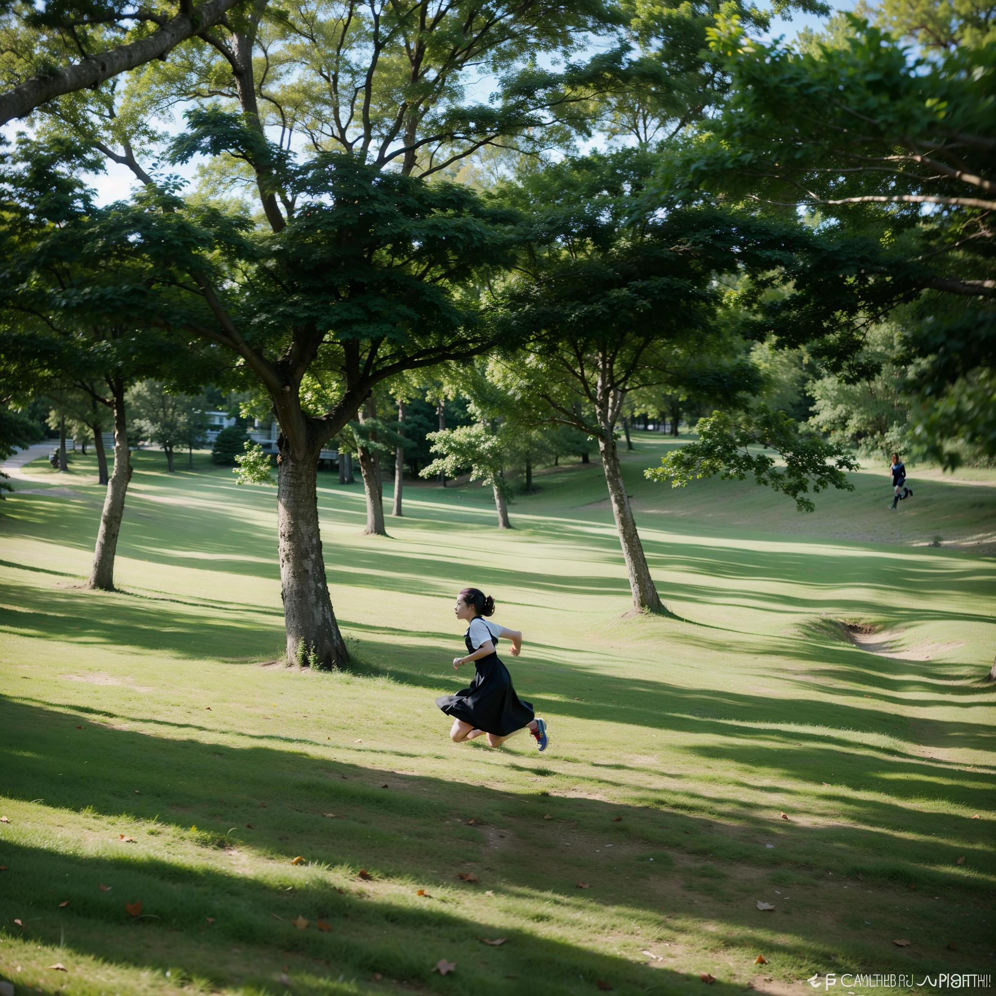 In the park, girl running, against the backdrop of trees, walking through the trees, run