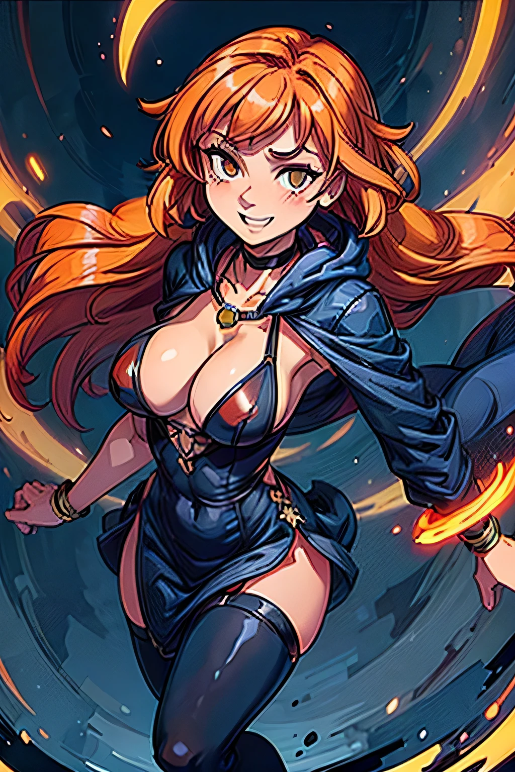 (((masterpiece))), (((best quality))), illustration, single character, game character, rpg character, female character, female necromancer. tall torso. athletic girl. skimpy. dark-blue dress with golden details and lines, long open dress. exposed legs. leather bracers. huge open cleavage, big gem necklace. tiny breasts. small titties. wide hips. perky butt. up turned hips. wavy short hair. flowing orange hair, olive eyes, sexy face expression. laughing smile. open hooded black cloak. orange hair. action pose. cosmic background, flat color background, anime character, 8k, awesome quality