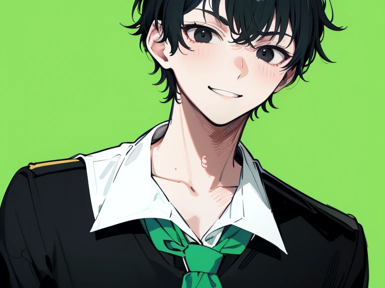 ((green background)), (long shot), (shot from the front), (smiling), 1 boy, (white school uniform), short hair, black hair, black eyes, high school student, tall, serious face, tie