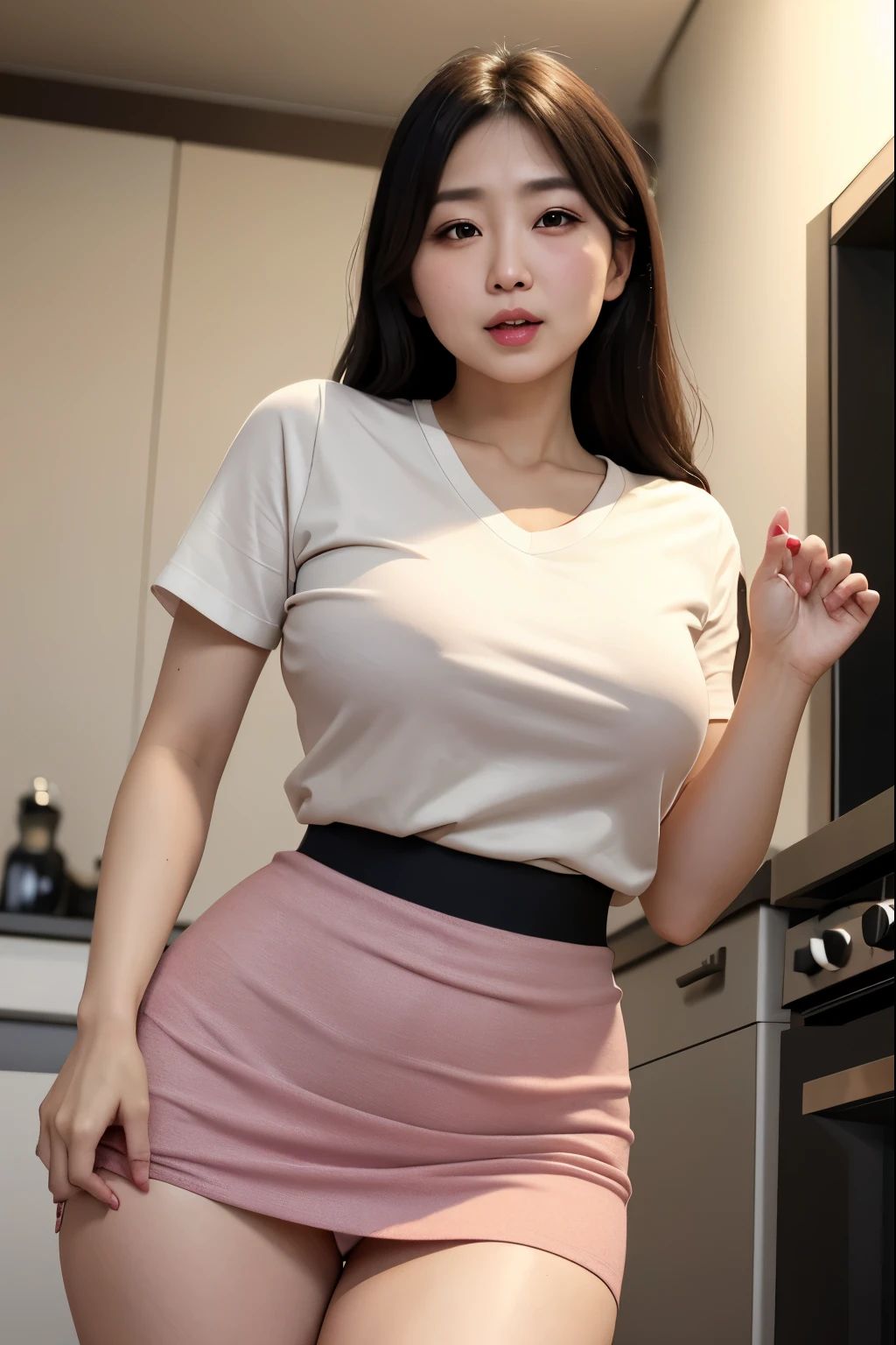 Beautifull, aunty, japanese, tshirt knit vneck, seductive expression, in the kitchen, voluptuous, panties, cameltoe, high waist short skirt, from below