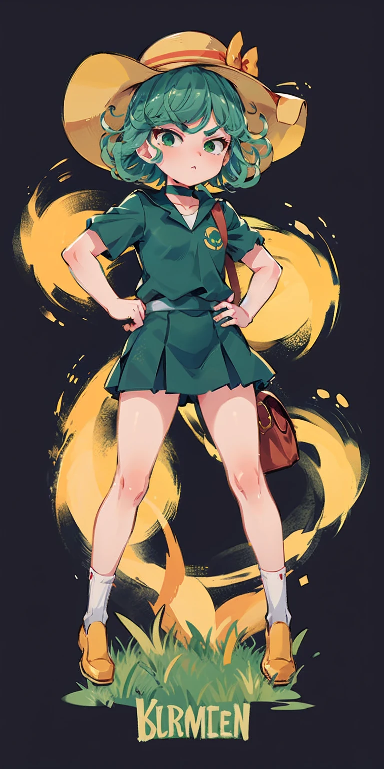 ((black background)) Tatsumaki kneel on WHITE sheet, short bob hair green hair, GREEN EYES, kindergarten_uniform,yellow hat,red school bag, leather choker collar slave , (hands on hips, clenching fist 👊 ✊️)
