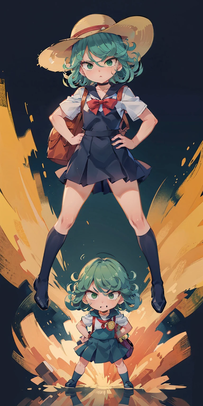 ((black background)) Tatsumaki kneel on WHITE sheet, short bob hair green hair, GREEN EYES, _uniform,yellow hat,red school bag, leather choker collar slave , (hands on hips, clenching fist 👊 ✊️)