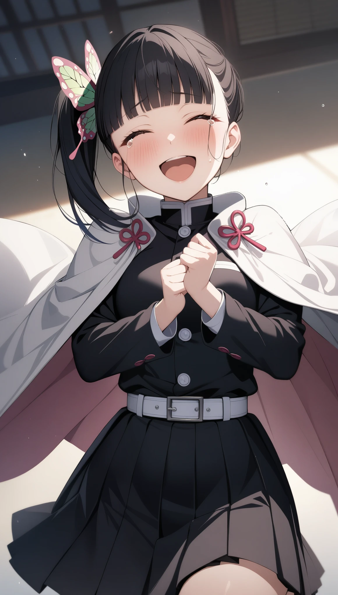 (masterpiece, best quality, very aesthetic, ultra detailed), intricate details,
1girl, tsuyuri kanao, kimetsu no yaiba, black hair, blunt bangs, side ponytail, butterfly hair ornament, demon slayer uniform, black jacket, pleated skirt, cape, happy, tears,