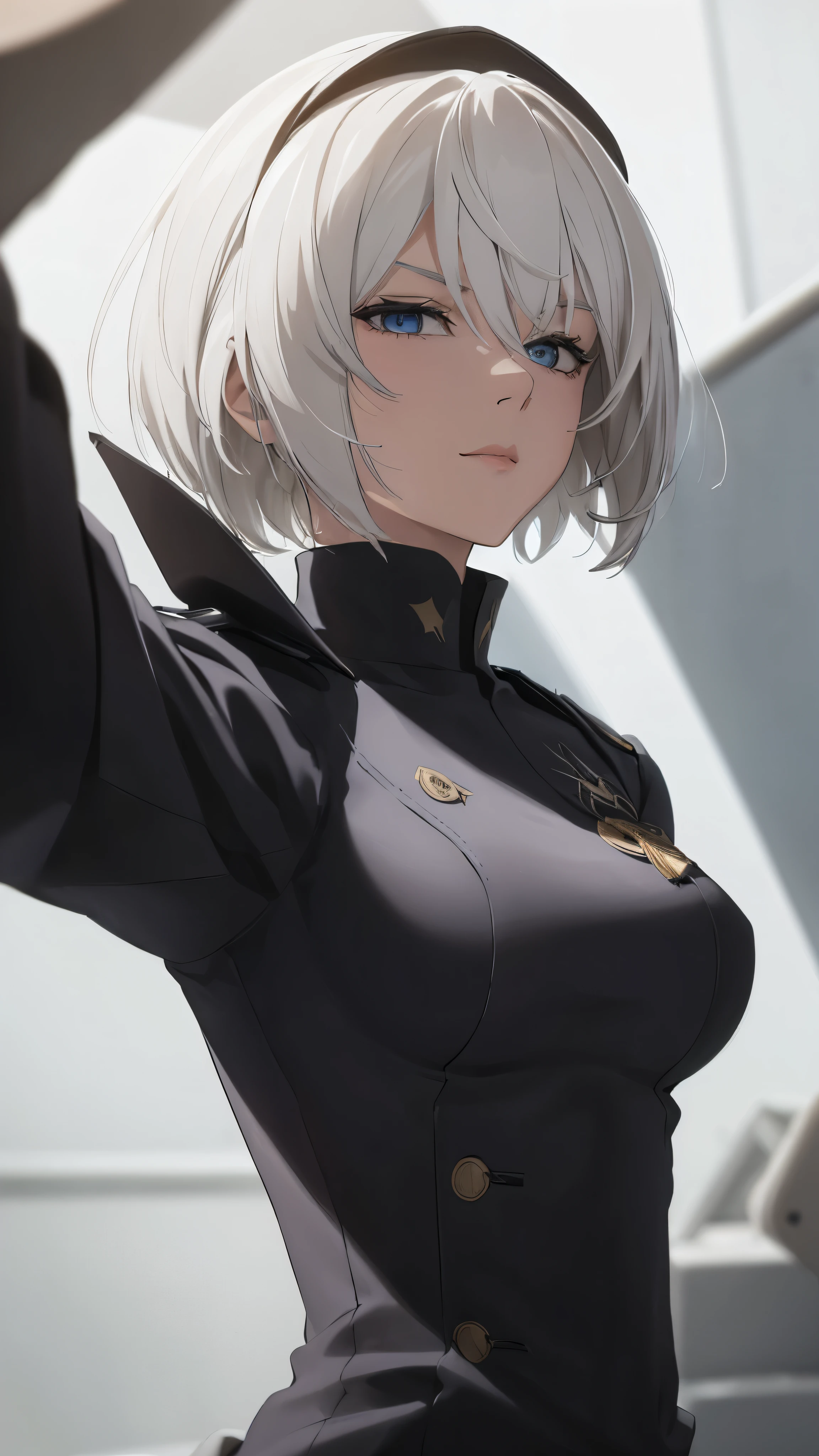 extremely detailed CG unity 8k wallpaper), (masterpiece), (best quality), (ultra-detailed), (best illustration), (best shadow), (absurdres) ,(detailed eyes), 2b, 1girl, short hair, white hair, solo, Intimidating women, admiral uniform, night, hero pose, white clothes, General Uniform, Military Uniform, Sunlight, exposed to sunlight,commander, fighting pose, wearing cape, selfie