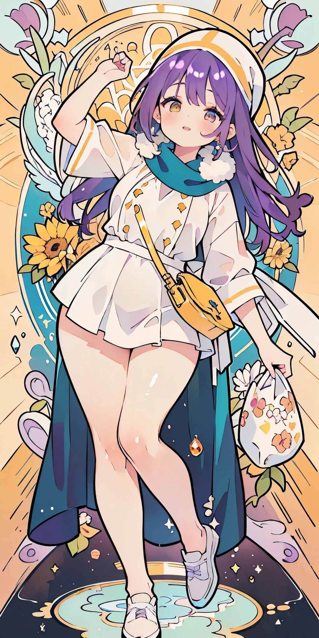 (((purple hair))), princess cut, Glasses, absurdres, highres, ultra detailed, beautiful, masterpiece, best quality, (1girl:1.2), tarot, bard, coat four, micro mini skirt, ((Lightweight clothes, sunscreen, comfortable shoes, headscarf)), symbolism, Visual art, occult, universal, vision casting, philosophy, iconography, numerology, Popularity, art, Alphonse Mucha, perfect hands, perfect feet, (fullbody), myth, goddess, fold your hands in front of your chest, ((ultra-detailed face), (cute eyes), (((thicc))), Hair color gradient, accurate focus, (upturned eyes :1.5), long hair, yellow eyes, Beautiful Girls in Anime , ((purse your lips, Throw kiss, flirty smile)), (shiny body:1.8)、big breasts、full of embarrassment、(Ahegao:1.5), old book