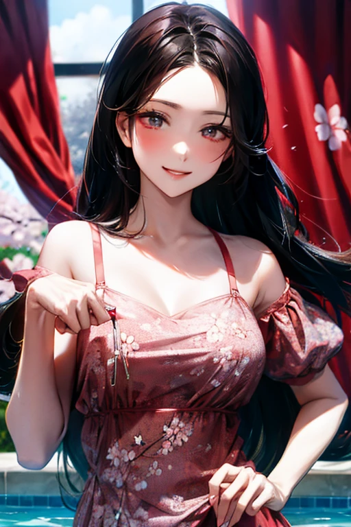 Black hair, long hair, red eyes, sexy, large breasts, beautiful body, masterpiece, smile, ((Cherry blossom print lingerie)), sexy lingerie, hotel swimming pool