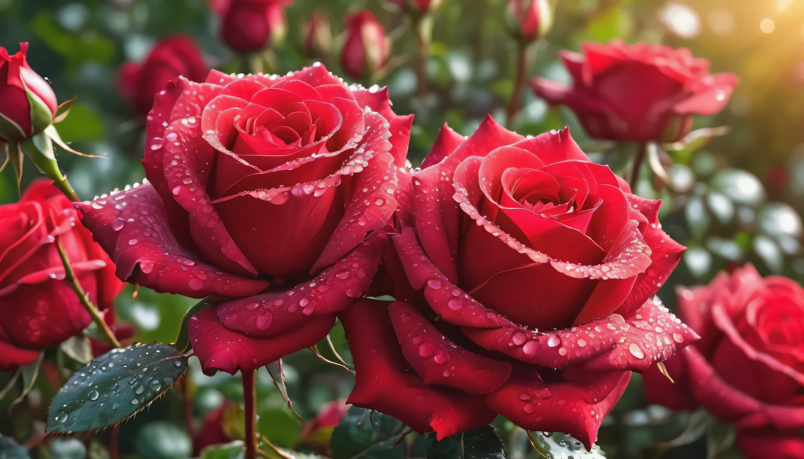 Many red color rose flowers in the garden and sunlight with bokeh, dew drops on flower petals (masterpiece, ultra quality, high resolution, 8k, intricate: 1.2), (masterpiece), (best quality:1)