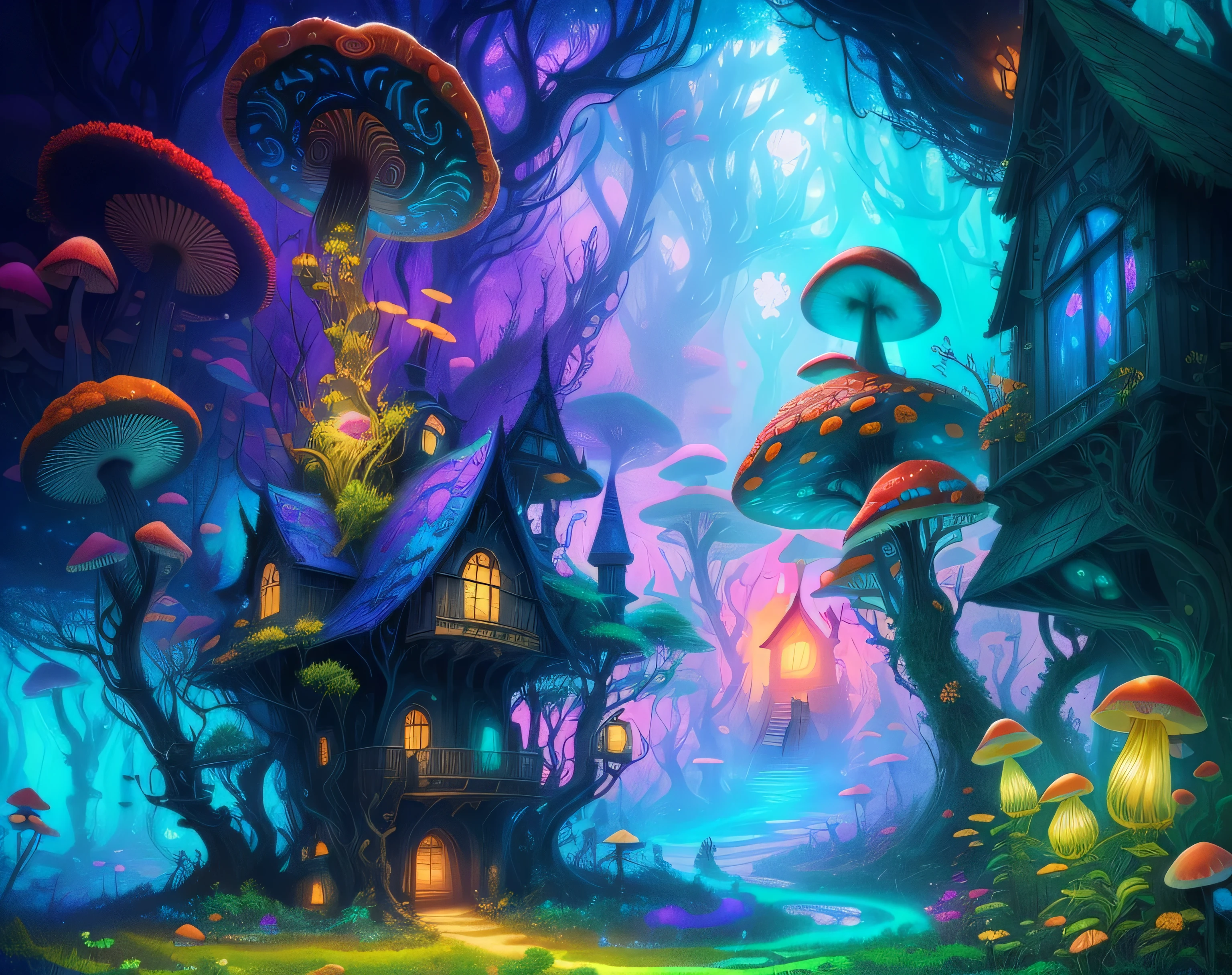 There is a picture of a fantastical forest with mushrooms and a house., colorful digital fantasy art, detailed fantasy digital art, 4K high-definition digital art, colorful concept art, psychedelic digital art, magical colors and atmosphere, surreal psychedelic design, psychedelic surreal art, 4k detailed digital art, Beautiful art UHD 4K, digital art fantasy, Trippy bright colors