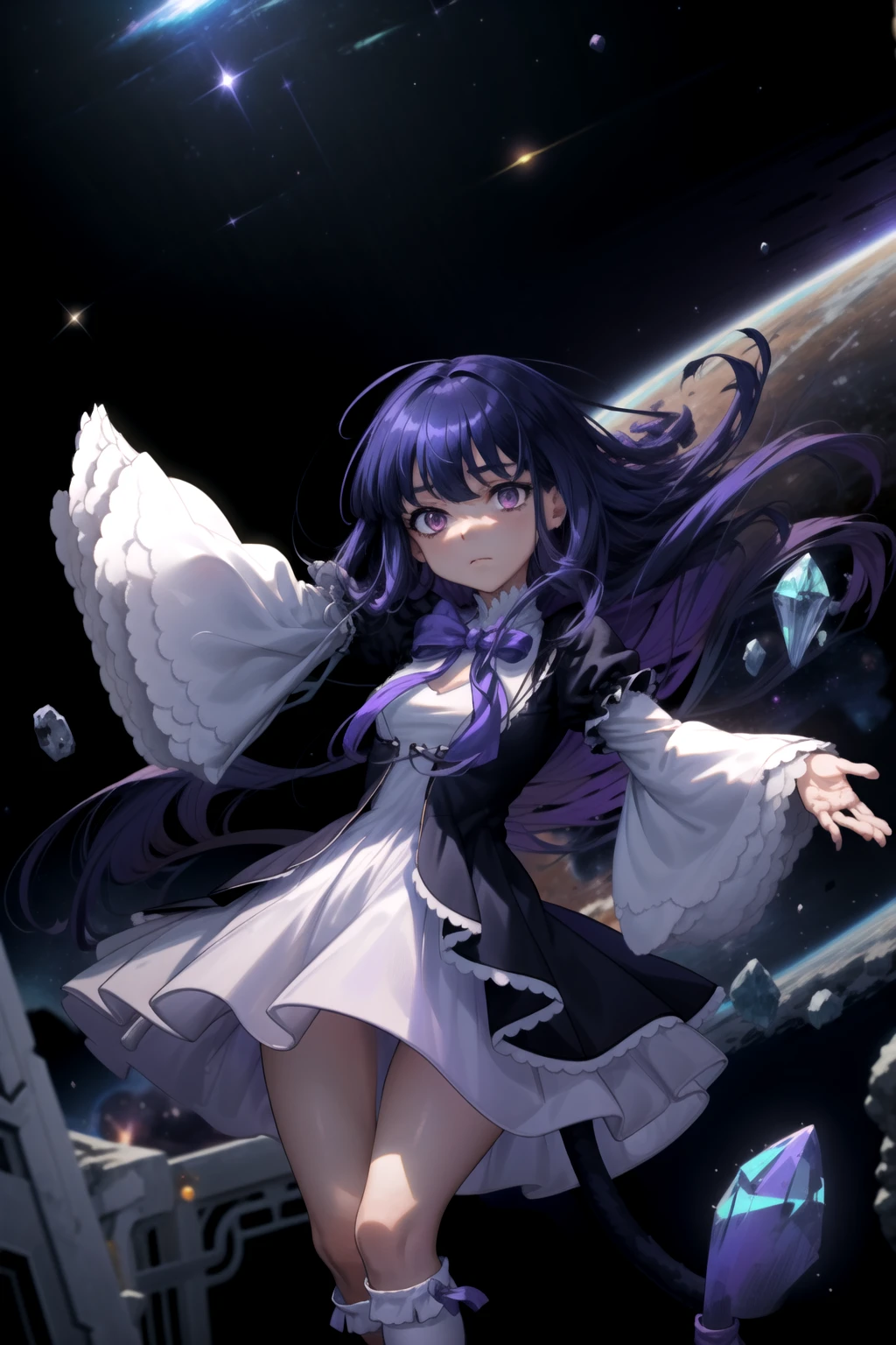 masterpiece,best quality,1girl,frederica bernkastel,purple hair,cat tail,tail bow,purple eyes,tail ornament,dress,bowtie,socks,expressionless,outstretched arms,outer space,surrounded by floating crystal,cowboy shot,