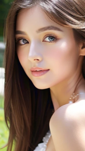 Beautiful white female with nude lips looks to the camera. Stunning brunette female. Young beautiful female with a healthy clean skin. Sensual female with bright makeup of eyes. Wearing lace dress.