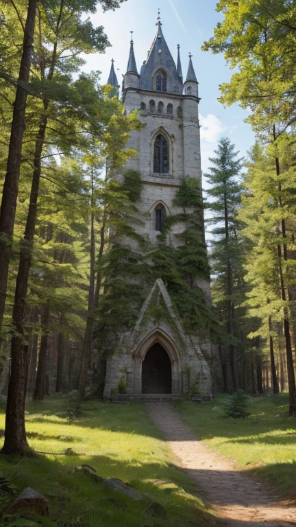 A medieval tower made of mossy stones stands on the edge of the forest, surrounded by centuries-old spreading oaks and spruce trees.; high quality textures, ultra-realistic environment, many small details, Intricate details, daylight, early morning, Slanting sun rays through foliage 